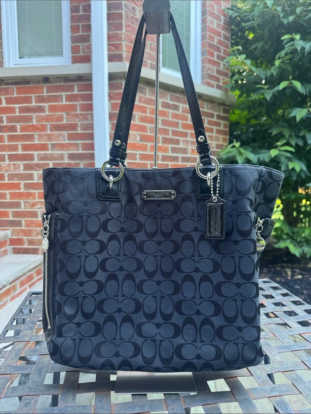 Coach Black Signature Jacquard Tote with Leather Trim
